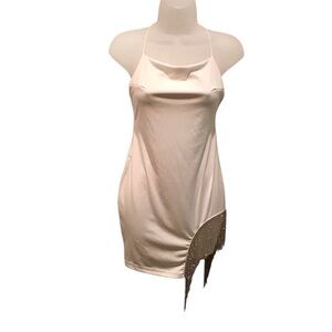 Women’s Bodycon Dress Ivory Rhinestone Tassels Mini Party Stretchy Sz Medium